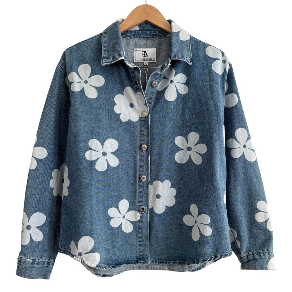 NWT Flying Angel Floral Denim Button-Up Chambray Shirt